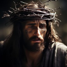 Representation of Jesus Christ wearing a crown of thorns, embodying suffering and resilience, symbolizing sacrifice and redemption