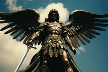 Statue of Archangel Michael with a sword on a sky background