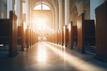Interior of a church with sunlight passing through the windows.