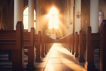 Interior of a church with sunlight shining through the windows. filtered image