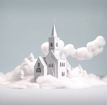 White christian church in the clouds. 3d render. Christmas card.