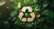 Recycling symbol surrounded by green leaves. Environment conservation concept.