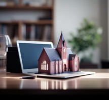 Miniature house model on a desk with laptop in the background.