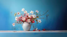 Beautiful bouquet of cherry and white and pink flowers in vase on wooden table and blue background