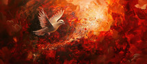 Holy spirit, Dove in flames. White dove flying over a red watercolor background with copy space. Digital illustration.

