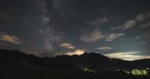 Milky way galaxy stars, starry night sky over mountains Time lapse
