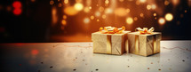 Christmas. Golden gift boxes on bokeh background with copy space