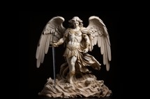 Statue of Archangel Michael with a sword on a black background
