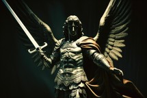 Statue of Archangel Michael with a sword on a dark background