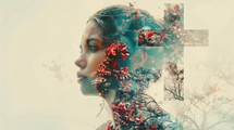 Double exposure of woman face and red flowers in her hair. Cross with flowers on the background.