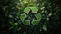 Recycling symbol surrounded by green leaves. 3D rendering.