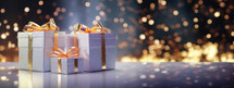 Christmas. White gift boxes with golden bow on bokeh background with copy space