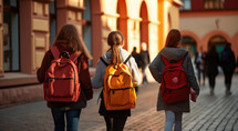 Back to school. Back view of group of girls with backpacks walking on the street