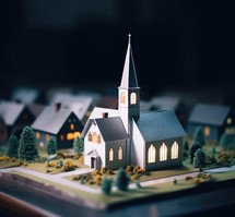Miniature model of christian church on the background of the city