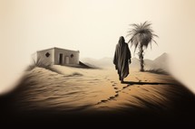 Parable of the Prodigal Son. Desert landscape with a hut and palm trees