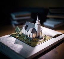 Miniature of a church on open book on a library wooden table. Image with shallow depth of field