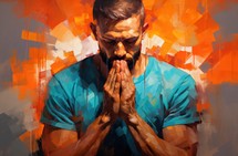 Praying man with closed eyes in front of orange background.