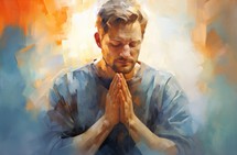 Painting of a man praying with his hands clasped in prayer