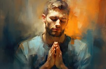 Portrait of a young man praying in front of an abstract background