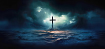 Cross in the ocean with stormy sky background