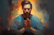 Painting of a man in a blue shirt. Hands folded in prayer.