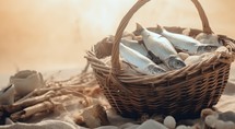 "Feeding the multitude". Fresh fishes in a wicker basket on the sand. Selective focus.