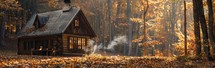 A cabin nestled among trees in the forest, completely surrounded by autumn leaves under the sunlight.