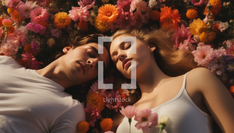 Love. Top view of young couple lying on floral bedding with closed eyes