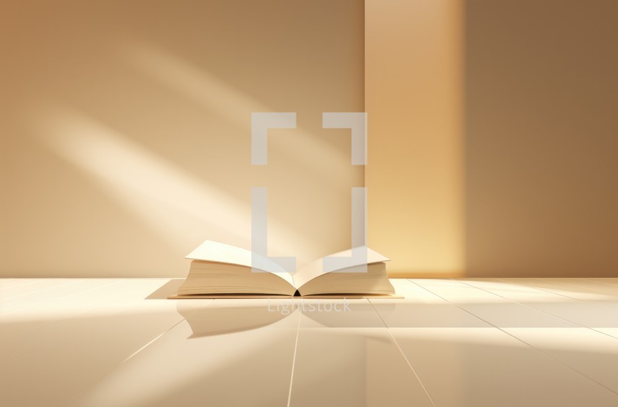 Open book with shadow on the floor. 3D rendering. Illustration.