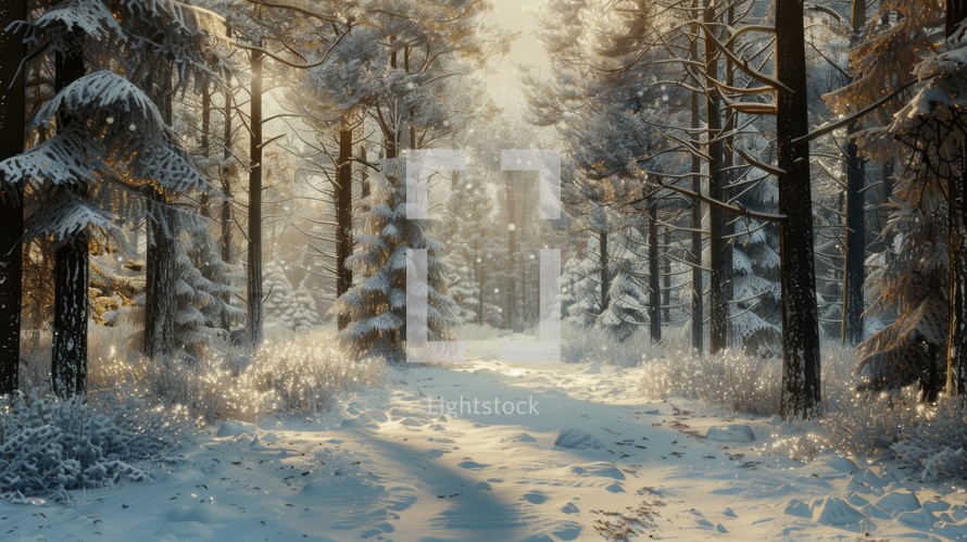 A realistic painting depicting a path covered in snow winding its way through a dense forest. The snow-covered trees and ground create a serene winter scene.