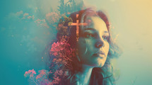Double exposure portrait of young woman with a cross on the background of forest at sunset.