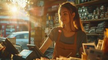 A realistic stock photo showing a woman standing at a cash register in a store. The woman is interacting with customers and processing transactions.