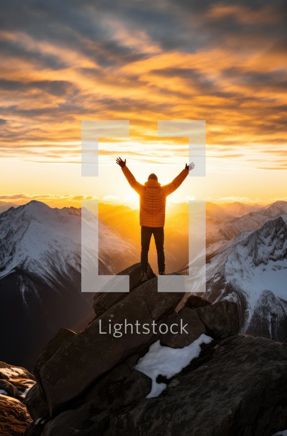 Worship. Happy man standing on top of a mountain and looking at the sunset