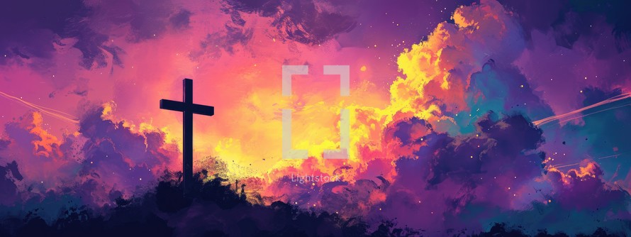 Christian cross in the sky. Easter holiday background. Illustration.