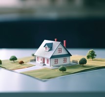 Miniature house on the map. Selective focus.