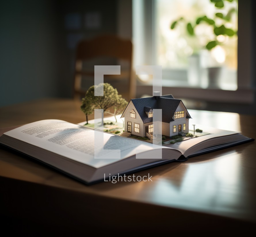 Home Study. House model and book on a wooden table.
