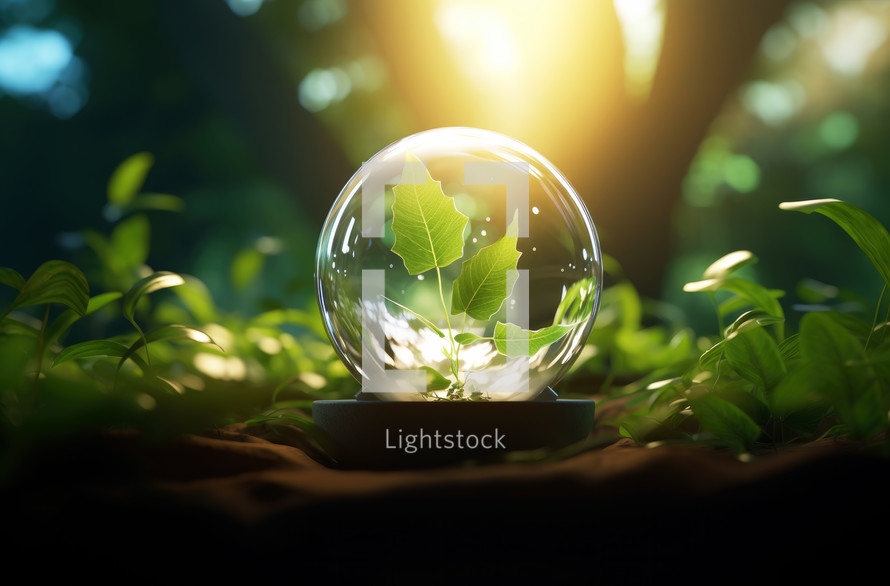 Glass sphere with green plant inside on nature background. Ecology concept.