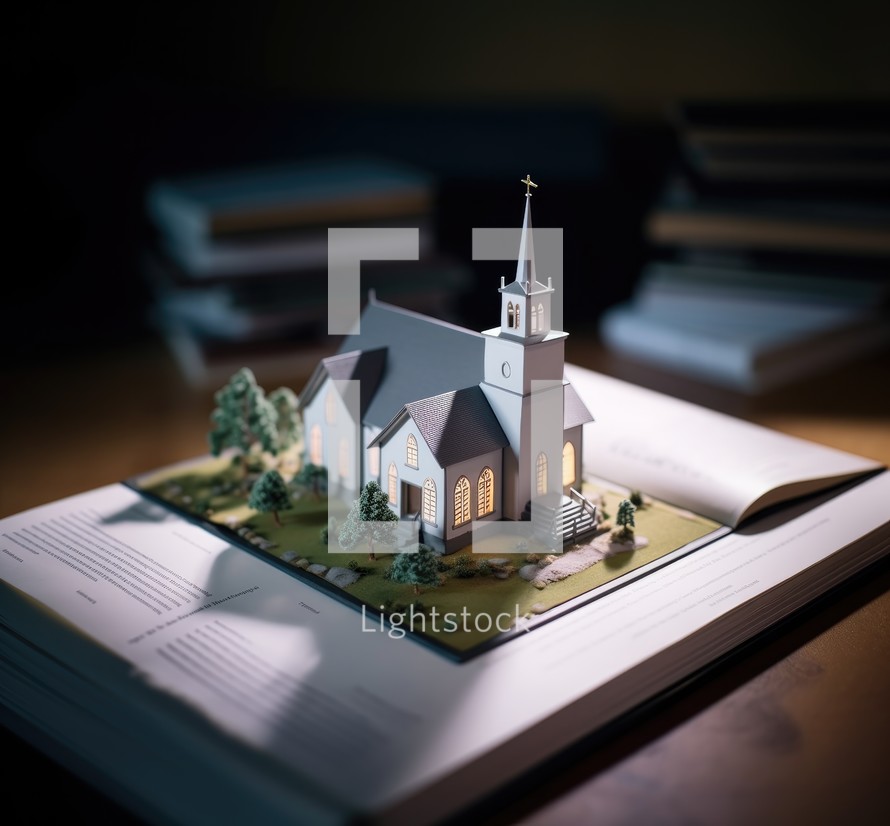 Miniature of a church on open book on a library wooden table. Image with shallow depth of field