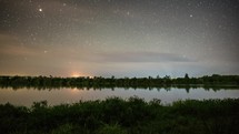 Starry night sky with stars moving over small lake in New Zealand nature Astronomy Time-lapse 

