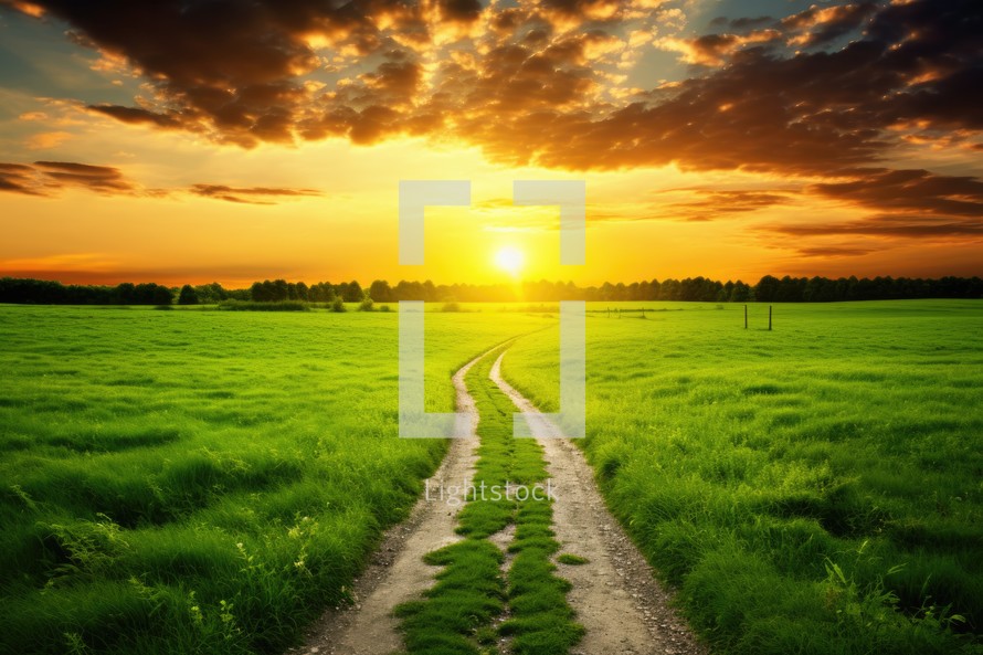 Sunset over green field with road and trees. Nature composition.