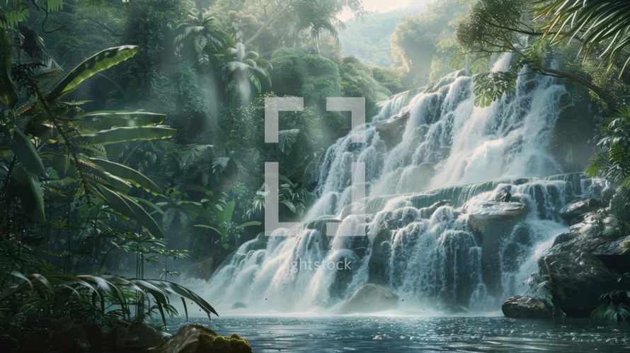 A detailed painting showcasing a powerful waterfall cascading down rocks in the midst of a lush jungle setting. Sunlight filters through the dense canopy, highlighting the vivid greenery and the dynamic flow of the water.