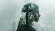  Double exposure of a woman with a cross in the forest. Conceptual image.