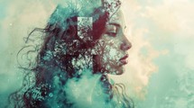 Double exposure portrait of woman with clouds, cross and forest in her hair.