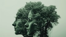 Environmental awareness.Double exposure portrait of two women in profile and trees in foggy forest.