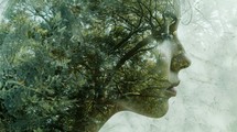 Environmental awareness. Double exposure of woman with tree and cloudy sky background.