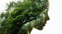 Environmental awareness. Double exposure of woman head and green tree as concept of nature conservation.