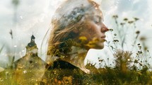 Double exposure portrait of a beautiful young woman in the meadow, with church on the background.