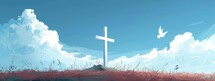 Cross in the meadow with blue sky and clouds. Illustration.