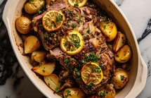 Easter. Roasted lamb with potatoes and herbs in a baking dish, top view