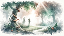 Adam and Eve in the garden of Eden. Digital illustration. Man and woman in a beautiful garden with a snake on a tree.